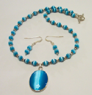 Aqua Cat's Eye Necklace Set w/ Sterling Silver
